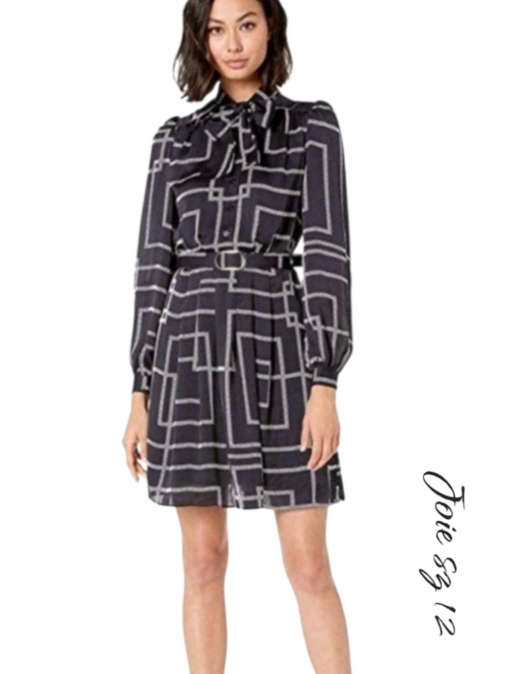 NWT Joie Tasma Satin Mini Dress Size 12 Geometric Bow Neck Long Sleeve Belted